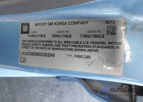 2013 Chevrolet Spark 1Lt Auto from USA, damaged, VIN KL8CD6S92DC503249